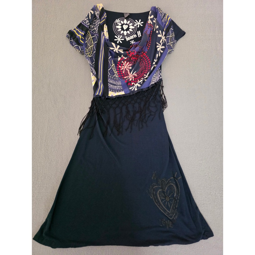 Desigual Navy Blue Cowl Neck Fringe Midi Dress Mixed Print Sequin Detail Viscose